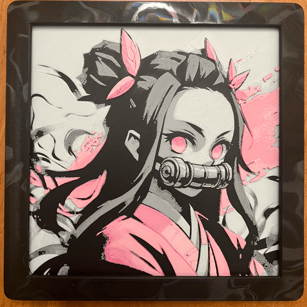 Anime-inspired 3D-printed pink and black wall art, crafted with high-quality PLA, featuring intricate details and vibrant colors.